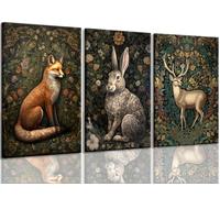 3Pcs Framed william morris animal wall art Fox rabbit sika deer Canvas Posters Prints Forest Wild Animal Pictures Paintings Gothic Botanical Floral Oil Wall Decor for Bedroom (16"x24"x3)