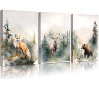 3Pcs Framed Woodland Nursery Canvas Wall Art Animals Wall Decor Forest Prints Posters Deer Bear Fox Watercolor Pictures Paintings for Boys Room Girls Room 12x16in