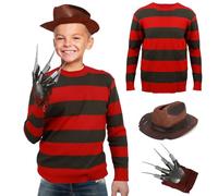 3PCS Freddy Costume for Kids Sweater Hat Claw Glove Killer Krueger Dress Up Set Red and Green Stripes Jumper Halloween Cosplay Fancy Dress Outfit for Boys Girls Ages 3-14