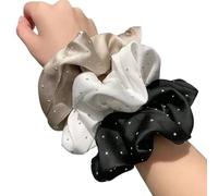 3PCS French Styles Rhinestones Scrunchie Elegant Ponytail Holder With Ruffle Fabric Fashion Hair Accessories For Women Adjustable Hair Ties