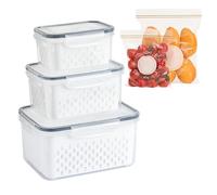 3Pcs Fresh Storage Containers for Fridge, 55Pcs Airtight Freezer Ziplock Bags, Refrigerator Organizers with Removable Colander, BPA Free Large Capacity Drain Storage Basket Box for Veggie Fruit Salad