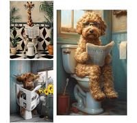 3PCS Funny Bathroom Wall Art Decor, Canvas Toilet Picture Dog/Highland Cow/Giraffe Painting On Reading Newspaper Poster and Prints With No Frame, Humor Wallpaper Artwork Decals For Wall, 12"X16"