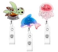 3Pcs Funny Cute Badge Reel Retractable Nurse Badge Holder with Alligator Clip Turtle Jellyfish Dolphin ID Name Badges Reel Buddy Nurse Doctor Assistant Gifts Fun Office Medical Stuff Essentials