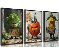3Pcs Funny Kitchen Canvas Wall Art Whimsical Angry Lettuce Tomato and Corn Rebellion Aggressive Vegetables Food Painting Pictures Wall Decor Artwork for Dining Home Decoration Unframed 08x12inch