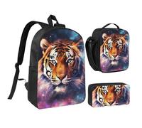 3PCS Galaxy Tiger Backpack Set with Insulated Lunch Box Pencil Pouch, 17inch Lightweight Laptop Bags Shoulder Lunch Bag and Pencil Case Bag 3-in-1 Set