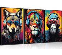 3pcs Gaming Wall Art Animal Graffiti Posters Pictures With Headphones Sunglasses Gorilla Tiger Wolf Cool Gamer Canvas Prints Colorful Graffiti Paintings for Teens Game Boys Room Wall Decor Unframed