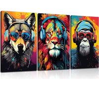 3pcs Gaming Wall Art Animal Graffiti Posters Pictures With Headphones Sunglasses Gorilla Tiger Wolf Cool Gamer Canvas Prints Colorful Graffiti Paintings For Teens Game Boys Room Wall Decor Framed
