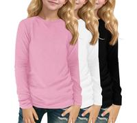 3pcs Girls' Long Sleeve T-Shirts Set, Solid Colour Cotton Crew Neck Tops for Kids 3-14 Years, Classic Casual Layering Shirts for School & Everyday Wear