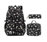 3PCS Girls School Bag Set - Waterproof Backpack with Lunch Bag & Pencil Case, Insulated Lunch Tote, Multi-Pocket Bookbag for Kids, Teens & Students, for Primary & Secondary School (A-Black Daisy)