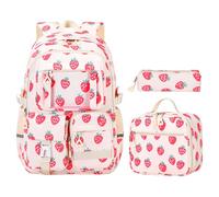 3PCS Girls School Bag Set - Waterproof Backpack with Lunch Bag & Pencil Case, Insulated Lunch Tote, Multi-Pocket Bookbag for Kids, Teens & Students, for Primary & Secondary School (A-Strawberry)