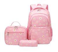 3PCS Girls School Bag Set - Waterproof Backpack with Lunch Bag & Pencil Case, Insulated Lunch Tote, Multi-Pocket Bookbag for Kids, Teens & Students, for Primary & Secondary School (B-Pink Daisy)