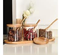 3Pcs Glass Spice Jars Seasoning Box Set with Bamboo Spoons