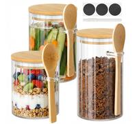 3Pcs Glass Storage Jars with Bamboo Lids and Spoons,Airtight Kitchen Food Storage Jars Container Tea Coffee and Sugar Canisters Set,Clear Glass Jar for Cereal Nut Salt Flour Spice,450ml&550ml&750ml