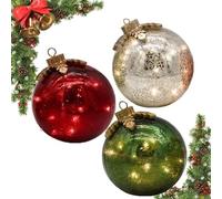 3Pcs Glass Tabletop Christmas Ornaments, Pre-Lit Balls with Soft White LED, Christmas Tree Ornament, Red Gold Green Christmas Centerpiece, Crystal Ball Decor for Tabletop Xmas Home Party