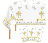 3Pcs God Bless Baptism Tablecloth, Disposable Floral Cross Table Cover | 54 x 108 Inch Mi Bautizo Christening Plastic Table Cloth for Baby Shower, First Communion Decorations