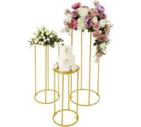 3Pcs Gold Cylinder Pedestal Stands with Steel Top, Adjustable Height Metal Display Column for Cake Flower Arrangement, Wedding Birthday Baby Shower Party Centerpiece Decor