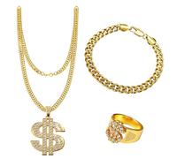 3Pcs Gold Digger Costume Accessories, Dollar Sign Necklace, Bracelet & Ring