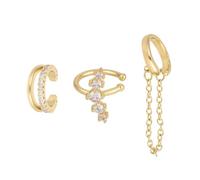 3pcs Gold Ear Cuff Earrings for Women, Non-Piercing Golden Ear Cuff with Chain Zirconia Double-Hoop Design Clip on Cartilage Fake Earrings Dainty Jewelry Set