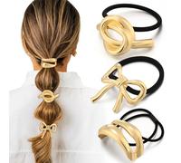 3PCS Gold Hair Ties, Metal Hair Ties for Thick Hair, Gold Hair Accessories Stretchy and Non-Damage Ponytail Holders, Elegant Durable Geometric Design 3 Styles in Box Christmas Gifts Holiday