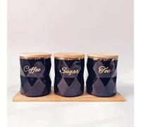 3pcs Golden Rimmed Ceramic Seal Jar Set with Engraved Labels and Wooden Tray, Luxury Storage Jars for Sugar, Coffee, Tea - Suitable for Office and Kitchen Organization (Black)