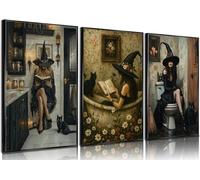 3Pcs Gothic Bathroom Posters Wall Art Black Cat and Witch Reading Book in Bathtub Poster Prints Dark Academia Wall Decor picturesfor Bathroom Gallery Toilet Restroom Home Decoration