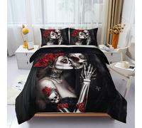 3pcs Gothic Sugar Skull Kissing Couple Duvet Set, Day of the Dead Bedding Set for Adults, Bedroom or Room Decor, All Seasons Microfiber Quilt with 2 Pillowcases for Gifts(Single 135 * 253cm)