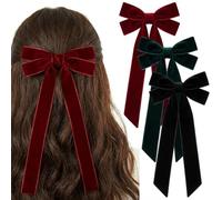 3Pcs Hair Bows, Red Black Green Velvet Bowknot Hair Clips, Solid Color Bow Hair Clips Barrettes with Long Ribbon, Burgundy Red Soft Satin Silky Hair Barrettes Accessories Gifts for Women Girls
