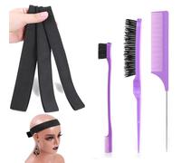 3pcs Hair Styling Comb Set Teasing Hair Brush Rat Pin Tail Comb Double-Sided Edge Brush for Edge & Back Brushing, Combing/3pcs Elastic Bands for Wigs Edges Lace Wig Elastic Wig Strap (Purple)