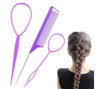 3Pcs Hair Tool,Hair Braiding Tool Rat Tail Comb Braid Tail Hair Loop Tool, Parting Comb hair Twister looping Tool Elastic Hair ties French Braid Gift Set for Making Women and Girls Hair Style (Purple)