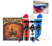 3PCS Halloween Blue White Red Face Body Paint Kit with 3pc Sponge,SFX Makeup Set with Red White Blue Grease Paint, Waterproof Face Body Paints for Zombie Vampire Clown Cosplay