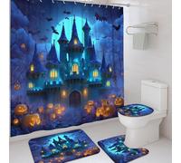 3Pcs Halloween Castle Shower Curtain Set, Blue Black Pumpkin Bath Mat Rugs Accessories for Bathroom Decor, Spooky Modern Waterproof Fabric Shower Curtain Set with Hooks 72x72 Inch