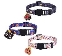3pcs Halloween Cat Collars, Adjustable Breakaway Kitten Collar with Bell Cute Fall Halloween Holiday Kitty Pet Accessories for Male & Female Cats (Pumpkin, Black Cat, Spider Charms)