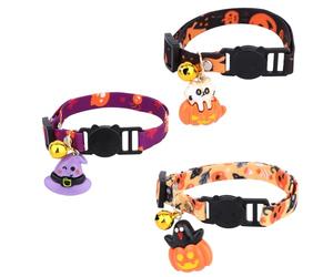 3pcs Halloween Cat Collars with Bells, Polyester Adjustable Breakaway Fall Festive Puppy Kitten Collars Playful Holiday Accessories for Pets (Witch Hat, Pumpkin Cat, Ghost Pattern)