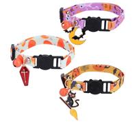 3pcs Halloween Cat Collars with Bells, Polyester Adjustable Breakaway Festive Puppy Kitten Collars Playful Holiday Accessories for Pets (Black Cat, Bat, Cross Pattern)