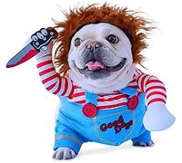 3PCS Halloween Chucky Dog Costume Outfit for Small Medium Pet Cat Puppy L | Funny Dog Clothes, Wig and Knife Prop, Padded Arms, Secure Back Straps, Elastic Chin Strap, Easy to Wear, Fancy Dress Cosplay
