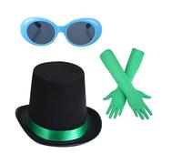 3Pcs Halloween Costume Accessories Set Green Long Gloves Sunglass Black Top Hat For Book Character Cosplay Dress Up Top Hat