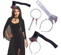 3Pcs Halloween Costume Scary Weapon Headbands Plastic Axe Spanner Nail Scissor Through Head Simulation Props Hair Band Makeup Accessories for Women Funny Cosplay Photo Props Costumes Party Supplies