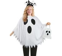 3PCS Halloween Costume Set Women Ghost Costume with White Ghost Poncho Boo Headband Candy Bag Halloween Ghosts Cape Outfit for Halloweens Cosplay Party