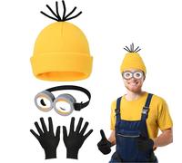 3PCS Halloween Costumes Accessories Adults, Vintage Steampunk Goggles Yellow Beanie Knit Hats Black Gloves Set, Yellow Hat and Goggles Gloves for Carnival Halloween Cosplay Party Fancy Dress Costume