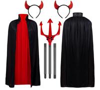3Pcs Halloween Devil Vampire Costume Set, Halloween Vampire Cape Reversible Cloak, Devil Horns Headband, Devil Fork, Red Shiny Headband for Halloween Party Props, Devil Outfit, Dracula Cape Costume