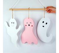 3Pcs Halloween Ghost Wooden Hanging Ornaments, Cute Ghost-Shaped Wall Decorations for Home and Office, Ghost Wooden Signs, Party Supplies, Pink