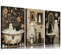 3Pcs Halloween Ghosts Canvas Wall Art Horror Ghost and Black Cat in Bathroom Wall Decor Pictures Retro Horror Creepy Dark Academia Canvas Prints for Bathroom Gallery Street Bar Home Decoration Framed