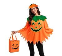 3PCS Halloween Pumpkin Costume for Women, Glow in the Dark Pumpkin Poncho Set for Adults Cosplay Dress Up