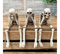 3PCS Halloween Skeleton Statue Resin See Speak Hear No Evil Skeleton Figurine with Dangling Legs for Indoor Mantel Table Shelf Decor