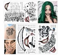 3pcs Halloween Tattoos Set Joker Tattoos Temporary Halloween Accessories Spooky Face Stickers Featuring Grinning Mout Skull and Card Prints Suitable for Themed Parties Gatherings Make Up