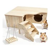3Pcs Hamster Hide, Hamster Corner House with Ladder and Swing Cage Wooden Hamsters Houses Multi Chamber Platform Hides for Syrian Hamsters and Dwarf