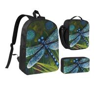3PCS Hand painted blue dragonfly Backpack Set with Insulated Lunch Box Pencil Pouch, 17inch Lightweight Laptop Bags Shoulder Lunch Bag and Pencil Case Bag 3-in-1 Set