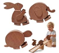 3Pcs Handmade Walking Wooden Animals, Gravity Powered Mechanical Ramp Walker Toys, Rabbit Elephant Turtle Balance Sculpture, Wooden Animals Figures Desk Ornament Decor Educational Gifts