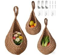 3PCS Hanging Fruit Basket, Hand Woven Hanging Wall Basket, Teardrop Hanging Storage Basket, Wall Mounted Vegetable and Fruit Basket with 6 Hooks for Fruits, Flowers, Vegetables, Kitchen