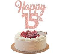 3Pcs Happy 15th Cake Toppers Rose Gold Glitter Number 15 Cake Decorations Fifteen 15th Birthday Cake Pick Decorations for Cheers to 15 Years Old 15th Birthday Wedding Anniversary Party Supplies